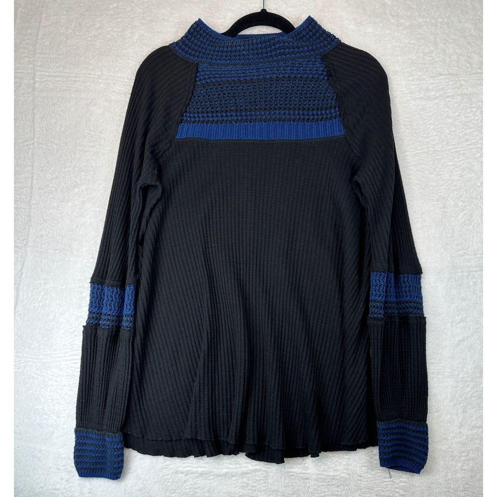 Free People Thermal Top Womens Large Black Blue Crochet Mixed Media Waffle Knit